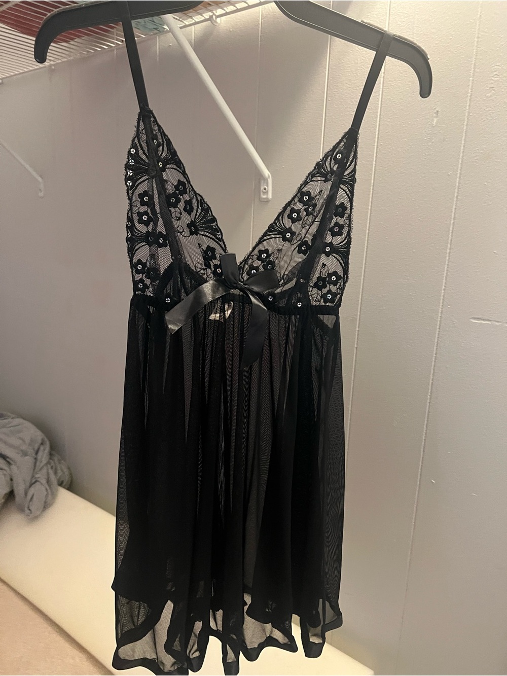 ZCO Black Lace & Mesh Sheer Babydoll Chemise with Ribbon Bow